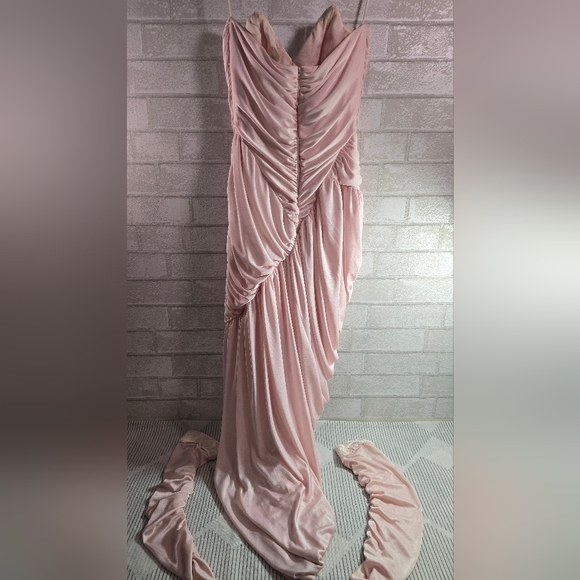 80s Vintage Prom Dress Satin Pink Lace Bodice Sleeveless Ruched Union Made Small - Picture 9 of 16